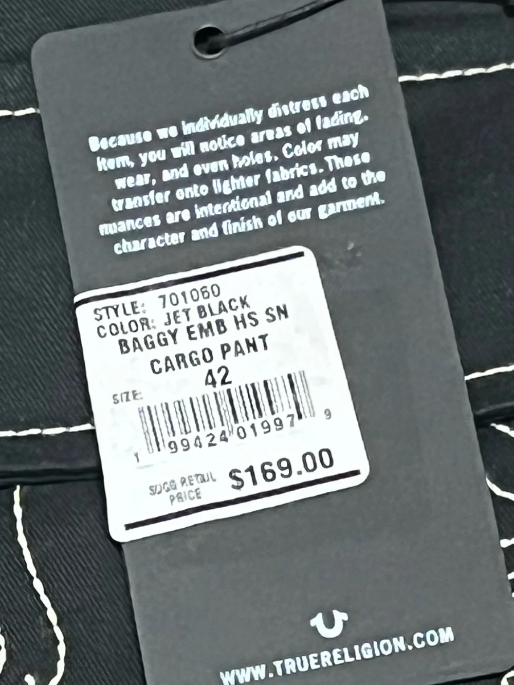 True Religion Cargo Pants Mens Size 44 Jet Black Outline Pocket Logo New $169